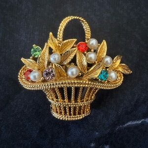 Vintage Gold Tone Basket Brooch Faux Pearl Multicolor Rhinestones Signed Gerry’s